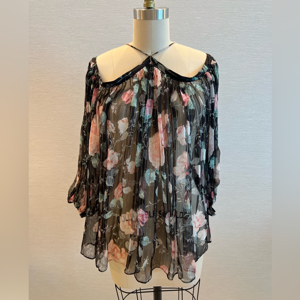 Zimmerman sheer black floral top drop shoulder blouse size 2 Medium zip silk